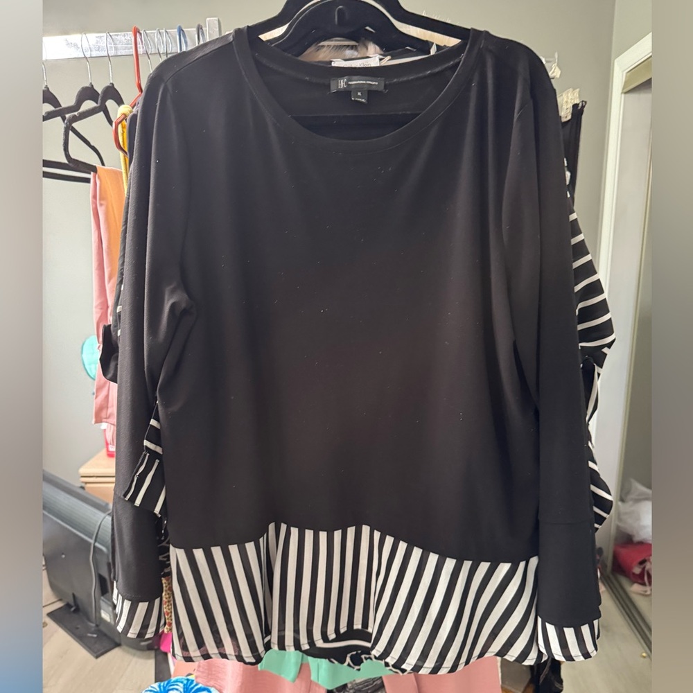 INC Black Blouse with White Striped Hem